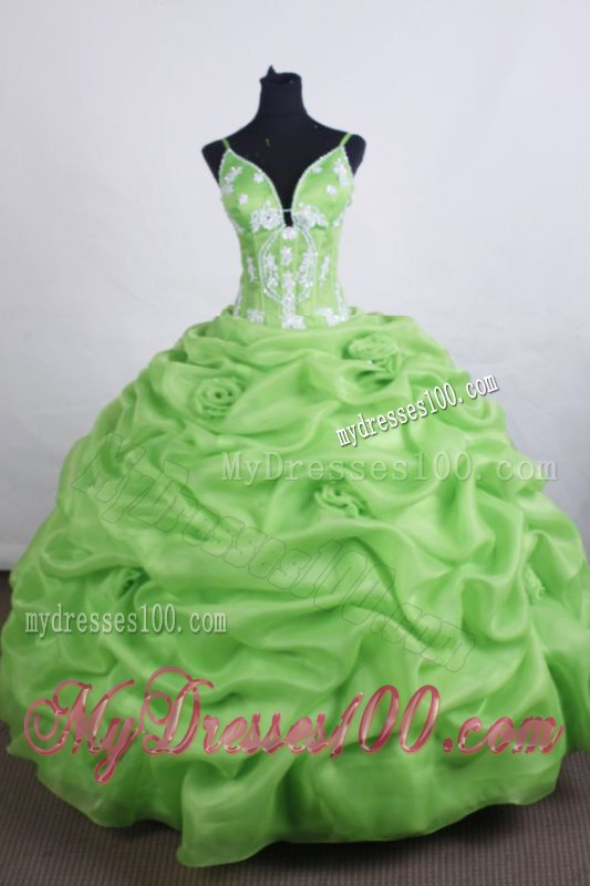 Spaghetti Straps Pick-ups Apple Green Quinceanera Party Dress with Handle Flowers
